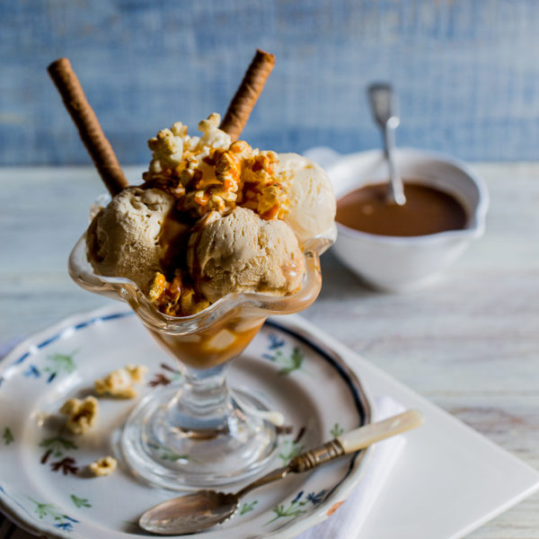 Salted Caramel Popcorn Sundae made with Salted Caramel ice cream. By Louise Robinson, Great British Chef