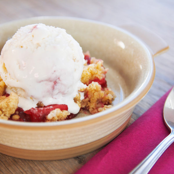 Apple & Rhubarb Crumble and Raspberry Ripple ice cream