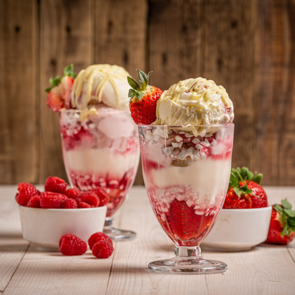 Raspberry & Strawberry Sundae made with White Chocolate & Raspberry ice cream