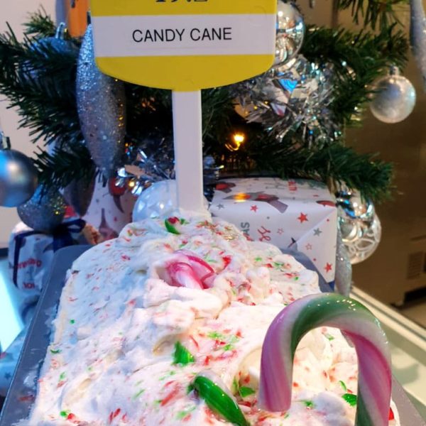 Minty Cancy Cane ice cream available in the parlour.
