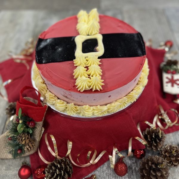 Santa's Tummy ice cream cake is filled with Strawberry ice cream and covered with a Red Chocolate icing.