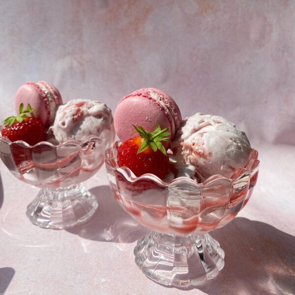 Macarons, Strawberries and Strawberry Swirl ice cream
