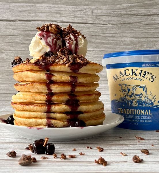 Pancake Stack with blueberry compote, granola and Traditional ice cream. Originally posted on Instagram by @anishas_kitchen
